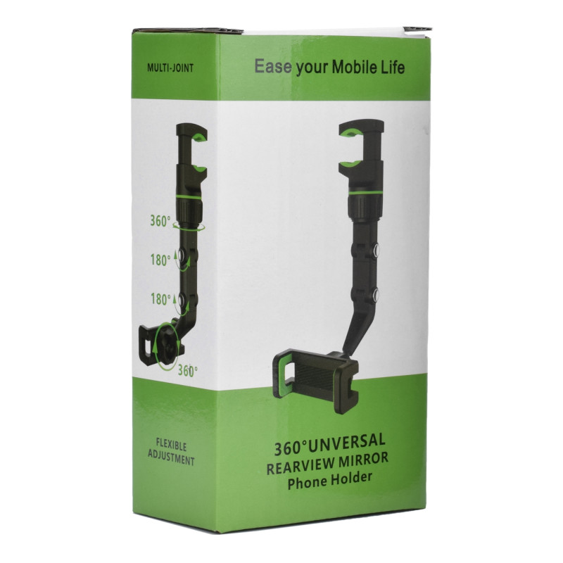 Juodas ir žalias telefono laikiklis išmaniajam telefonui, pritvirtintas prie galinio vaizdo veidrodėlio