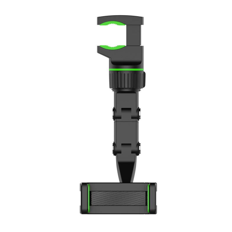 Juodas ir žalias telefono laikiklis išmaniajam telefonui, pritvirtintas prie galinio vaizdo veidrodėlio