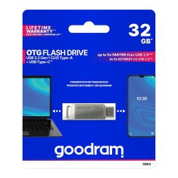 
Pendrive 32GB, dvi USB 3.2 + USB-C OTG ODA3 jungtys, sidabrinė
