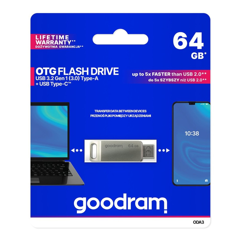 
Pendrive 64GB, dvi USB 3.2 + USB-C OTG ODA3 jungtys, sidabrinė
