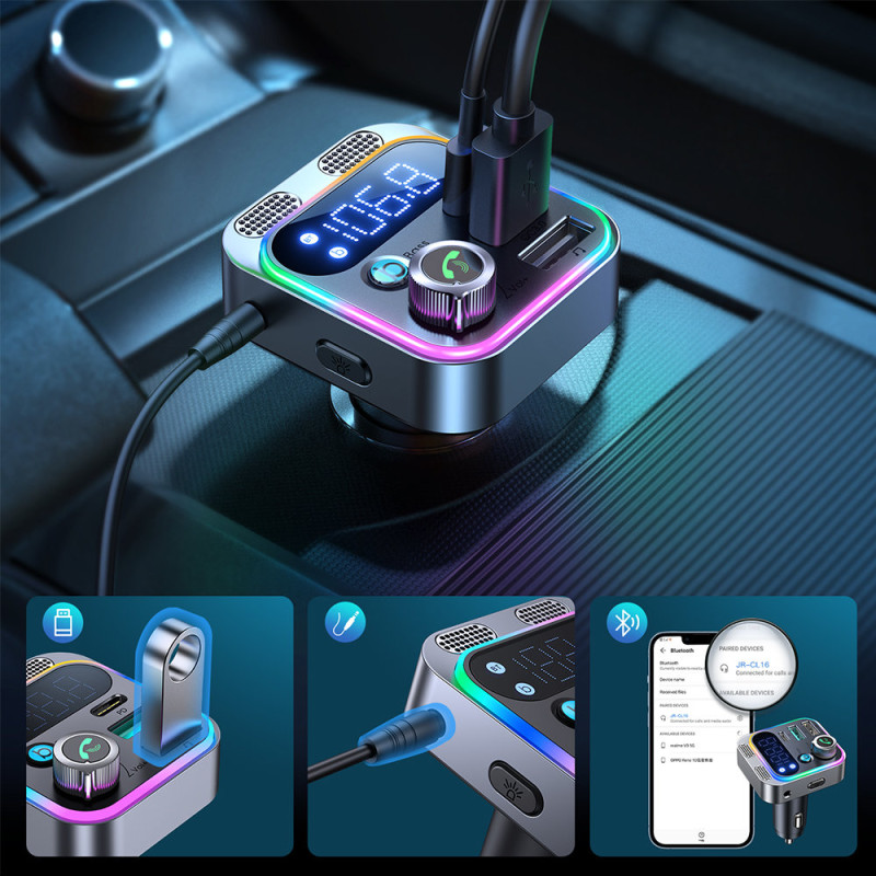 FM siųstuvas ir automobilinis pakrovėjas 48W PPS PD QC3.0 juodas