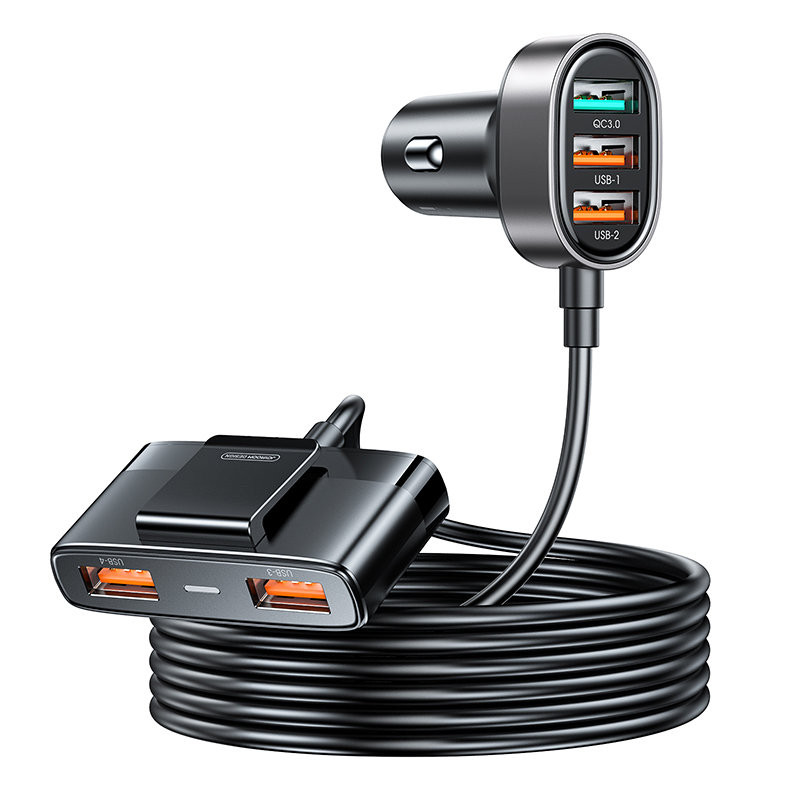 
Greitas automobilinis įkroviklis 5x USB-A su 45W ilginamuoju laidu, juodas
