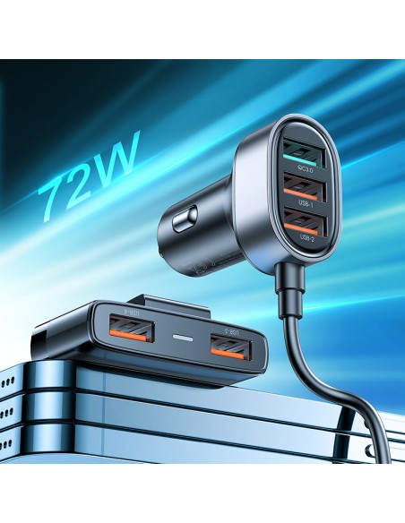 
Greitas automobilinis įkroviklis 5x USB-A su 45W ilginamuoju laidu, juodas
