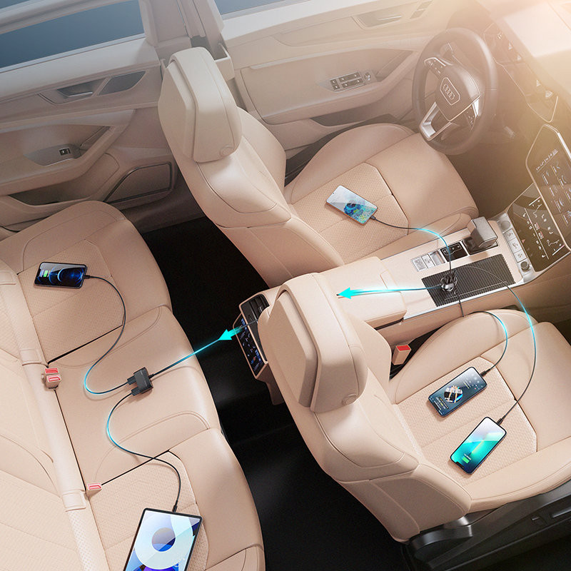 
Greitas automobilinis įkroviklis 5x USB-A su 45W ilginamuoju laidu, juodas
