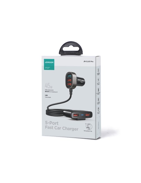 
Greitas automobilinis įkroviklis 5x USB-A su 45W ilginamuoju laidu, juodas
