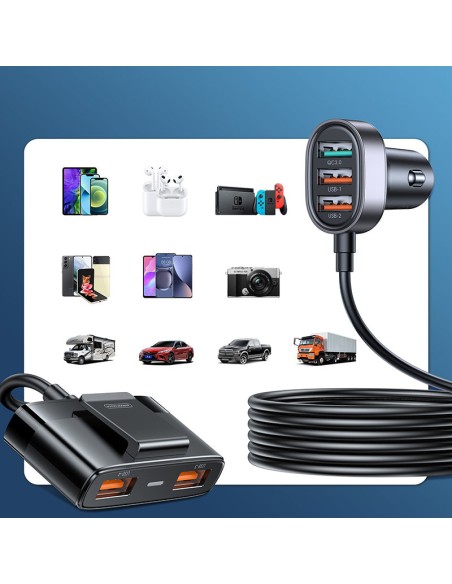 
Greitas automobilinis įkroviklis 5x USB-A su 45W ilginamuoju laidu, juodas
