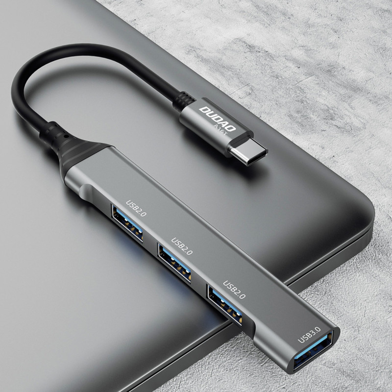 HUB skirstytuvo adapteris iš USB-C lizdo į 4x USB, juodas, pilkas