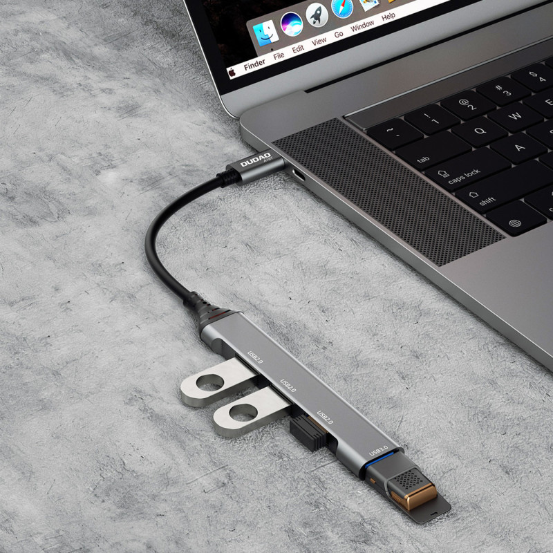 HUB skirstytuvo adapteris iš USB-C lizdo į 4x USB, juodas, pilkas