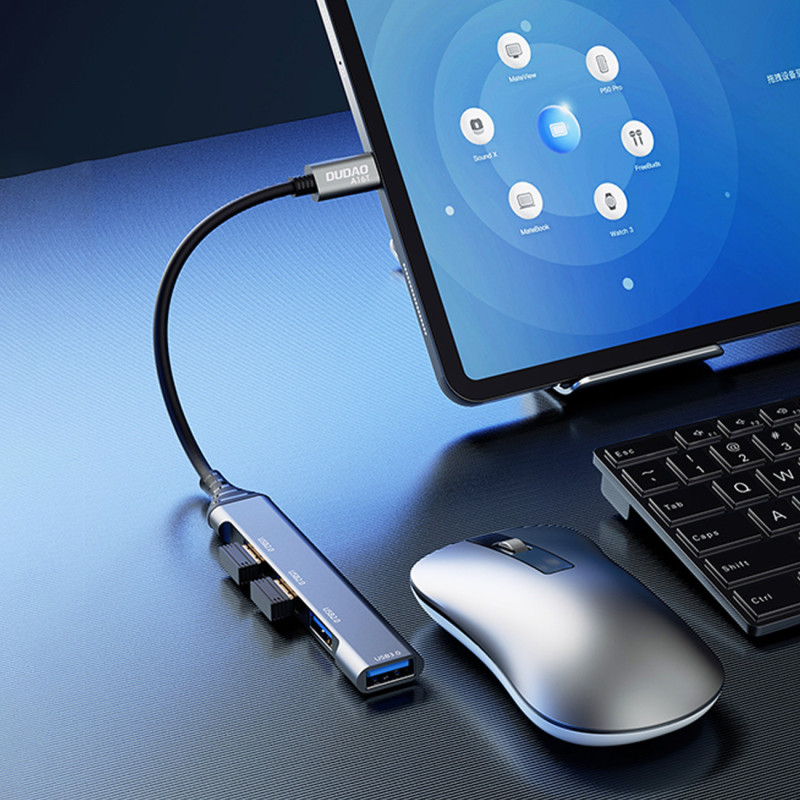 HUB skirstytuvo adapteris iš USB-C lizdo į 4x USB, juodas, pilkas