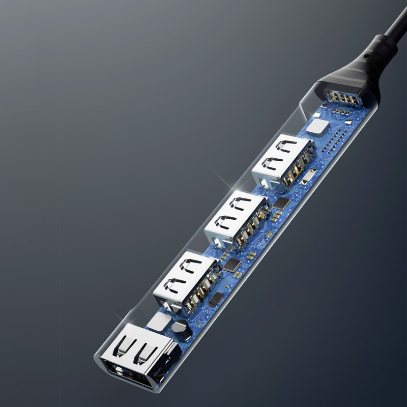 HUB skirstytuvo adapteris iš USB-C lizdo į 4x USB, juodas, pilkas