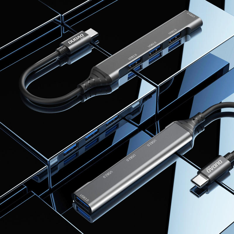 HUB skirstytuvo adapteris iš USB-C lizdo į 4x USB, juodas, pilkas