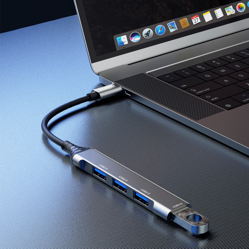 HUB skirstytuvo adapteris iš USB-C lizdo į 4x USB, juodas, pilkas