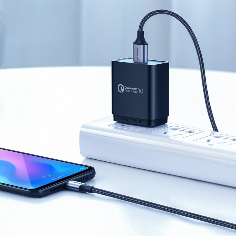 Tvirtas pintas kabelis USB - USB-C QC 3.0 3A 2m pilkas