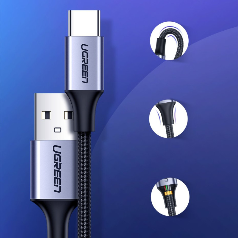 Tvirtas pintas kabelis USB - USB-C QC 3.0 3A 2m pilkas