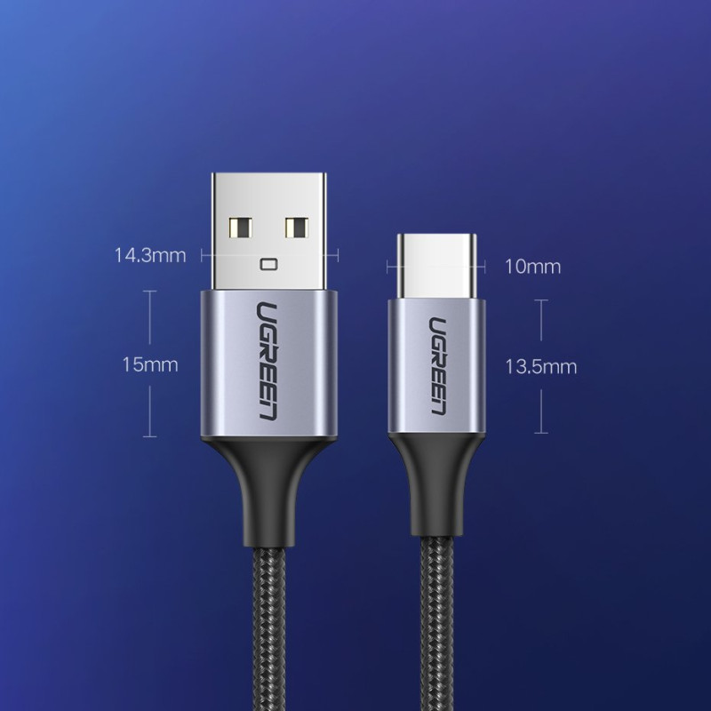 Tvirtas pintas kabelis USB - USB-C QC 3.0 3A 2m pilkas