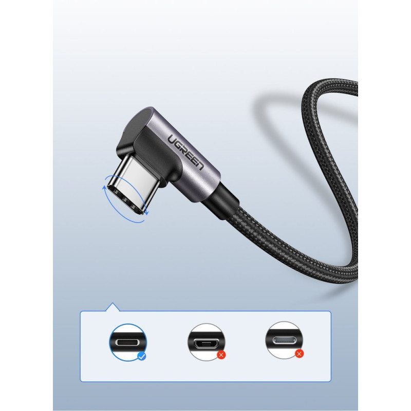 
Tvirtas pintas kampinis kabelis USB - USB-C QC 3.0 3A 2m pilkas
