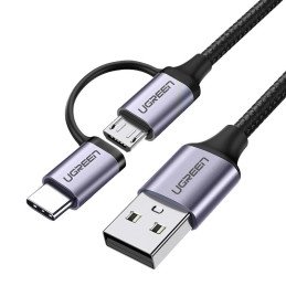 
2in1 Kabelis, tvirtas pintas laidas USB - microUSB + USB-C 1m 2.4A juodas
