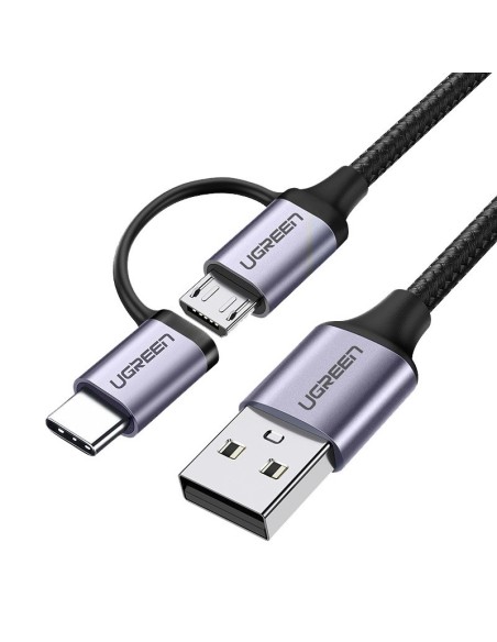 
2in1 Kabelis, tvirtas pintas laidas USB - microUSB + USB-C 1m 2.4A juodas
