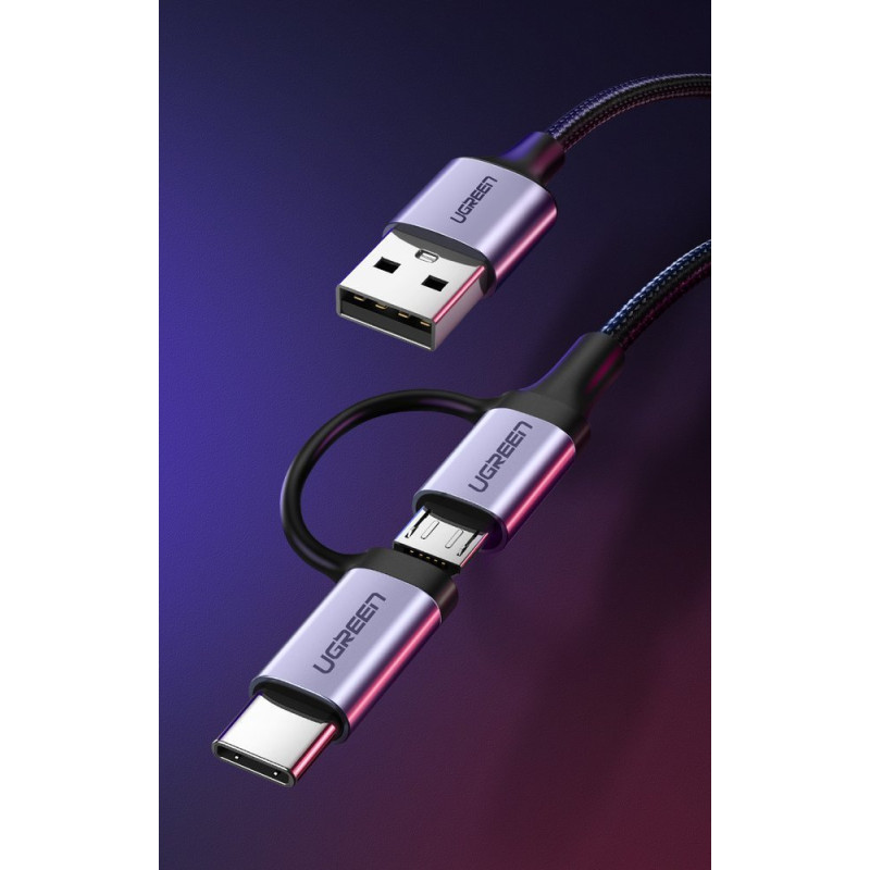 
2in1 Kabelis, tvirtas pintas laidas USB - microUSB + USB-C 1m 2.4A juodas
