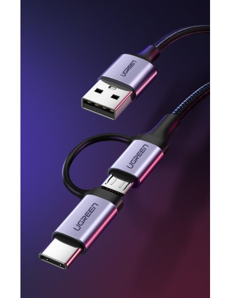 
2in1 Kabelis, tvirtas pintas laidas USB - microUSB + USB-C 1m 2.4A juodas
