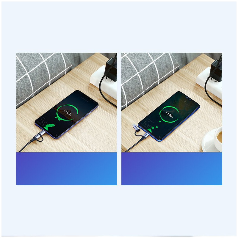 
2in1 Kabelis, tvirtas pintas laidas USB - microUSB + USB-C 1m 2.4A juodas
