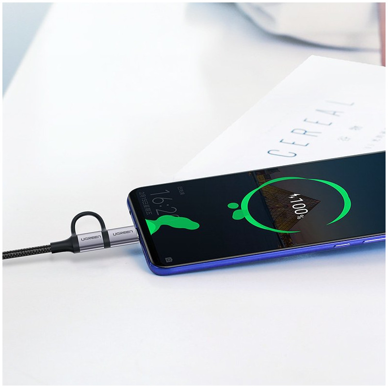 
2in1 Kabelis, tvirtas pintas laidas USB - microUSB + USB-C 1m 2.4A juodas
