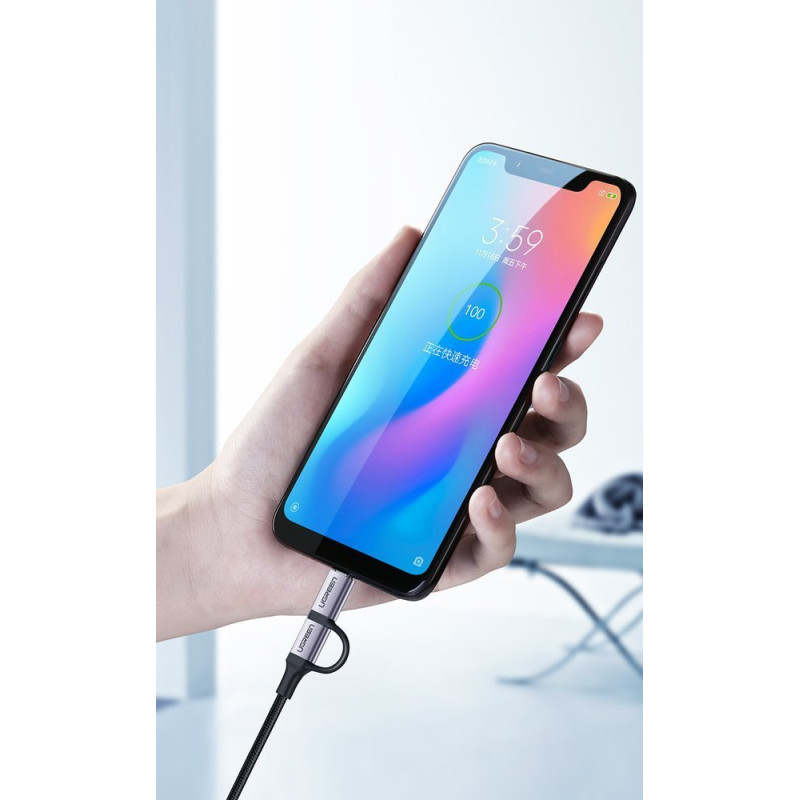 
2in1 Kabelis, tvirtas pintas laidas USB - microUSB + USB-C 1m 2.4A juodas
