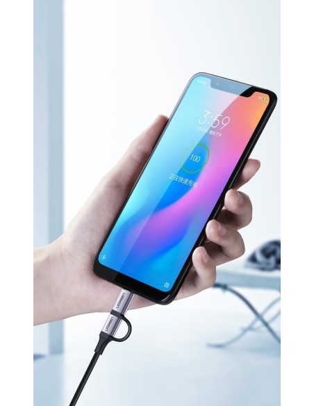 
2in1 Kabelis, tvirtas pintas laidas USB - microUSB + USB-C 1m 2.4A juodas
