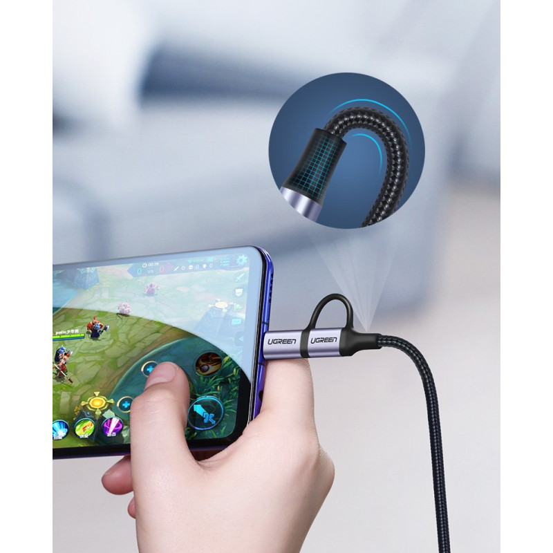 
2in1 Kabelis, tvirtas pintas laidas USB - microUSB + USB-C 1m 2.4A juodas
