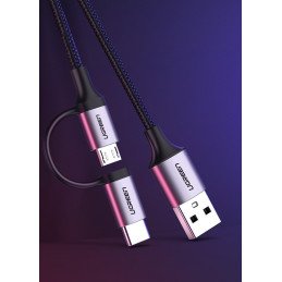 
2in1 Kabelis, tvirtas pintas laidas USB - microUSB + USB-C 1m 2.4A juodas
