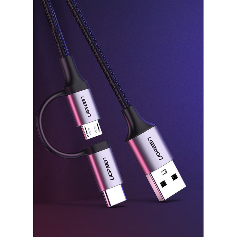 
2in1 Kabelis, tvirtas pintas laidas USB - microUSB + USB-C 1m 2.4A juodas

