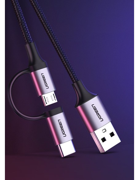 
2in1 Kabelis, tvirtas pintas laidas USB - microUSB + USB-C 1m 2.4A juodas

