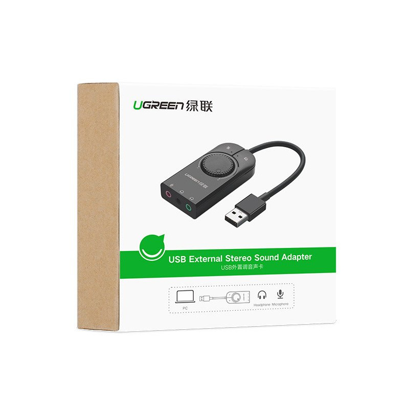 Išorinės garso plokštės adapteris USB - 3,5 mm mini lizdas su garsumo valdikliu 15cm juodas