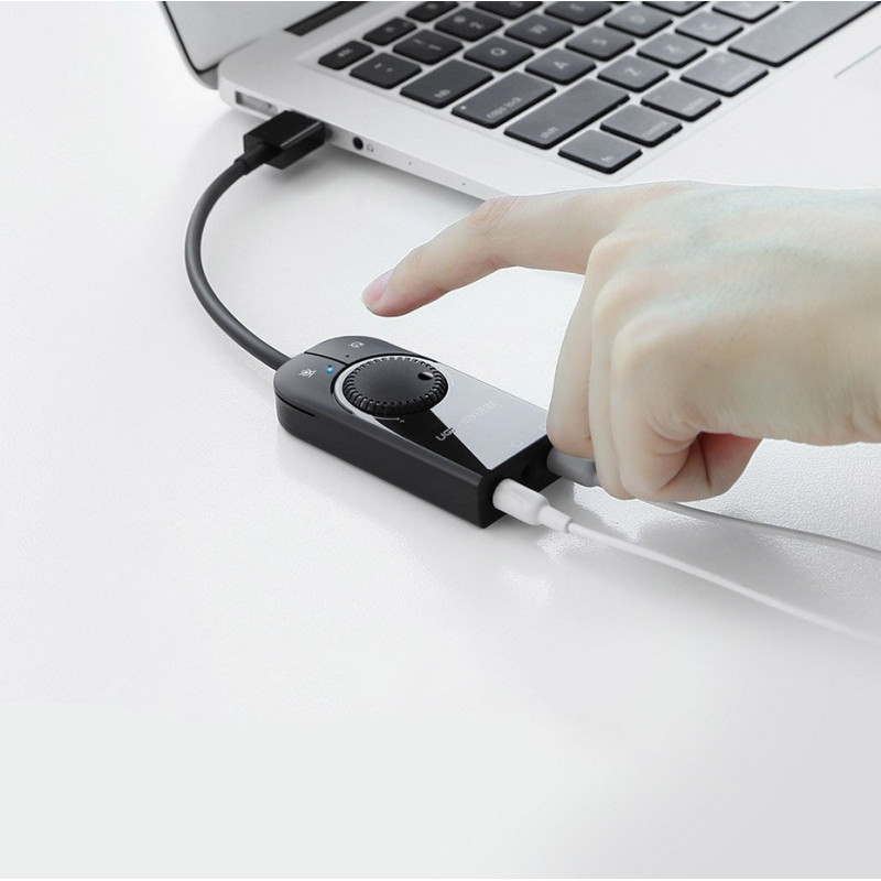 Išorinės garso plokštės adapteris USB - 3,5 mm mini lizdas su garsumo valdikliu 15cm juodas