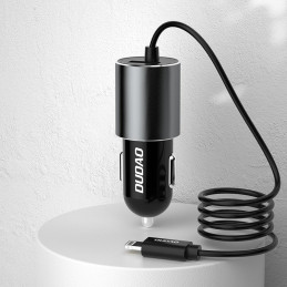 
USB automobilinis įkroviklis su įmontuotu USB-C 3.4A laidu, juodas
