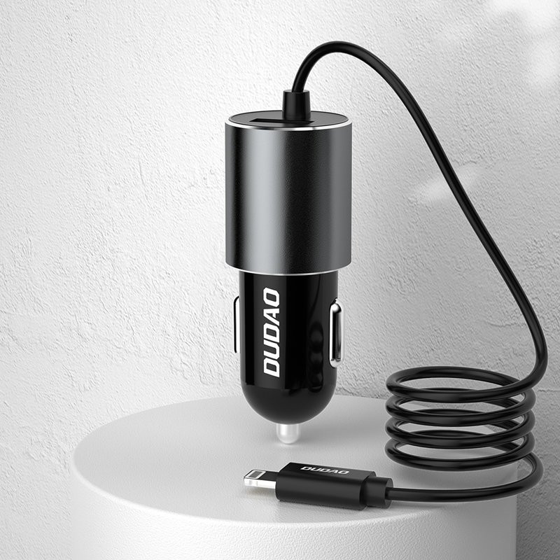 USB automobilinis įkroviklis su įmontuotu USB-C 3.4A laidu, juodas