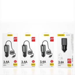 
USB automobilinis įkroviklis su įmontuotu USB-C 3.4A laidu, juodas
