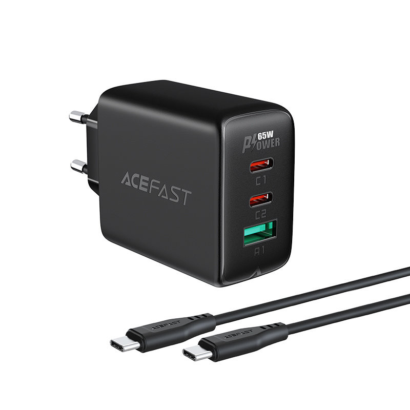 2in1 Sieninis įkroviklis 2x USB-C USB 65W + juodas USB-C laidas
