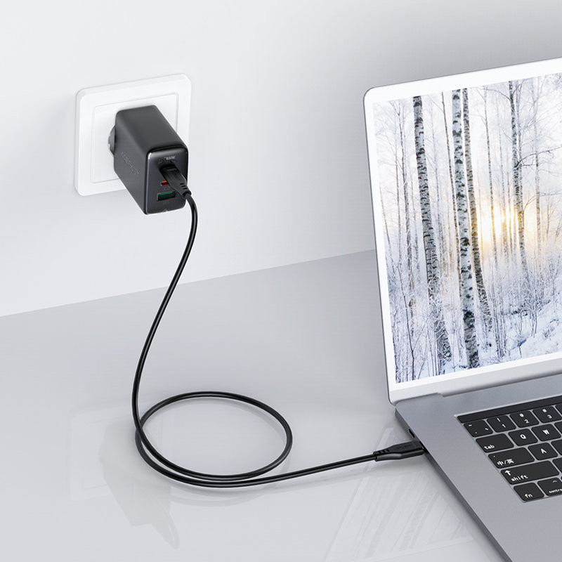 2in1 Sieninis įkroviklis 2x USB-C USB 65W + juodas USB-C laidas