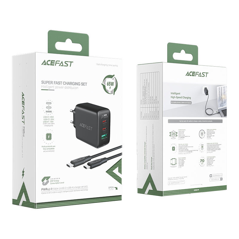 2in1 Sieninis įkroviklis 2x USB-C USB 65W + juodas USB-C laidas