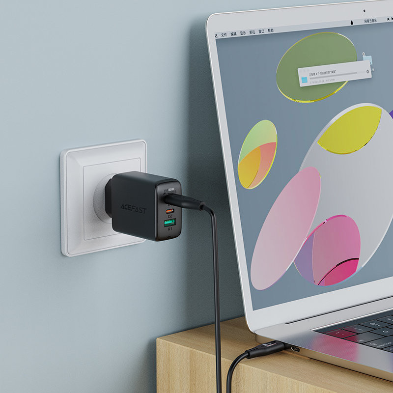 2in1 Sieninis įkroviklis 2x USB-C USB 65W + juodas USB-C laidas