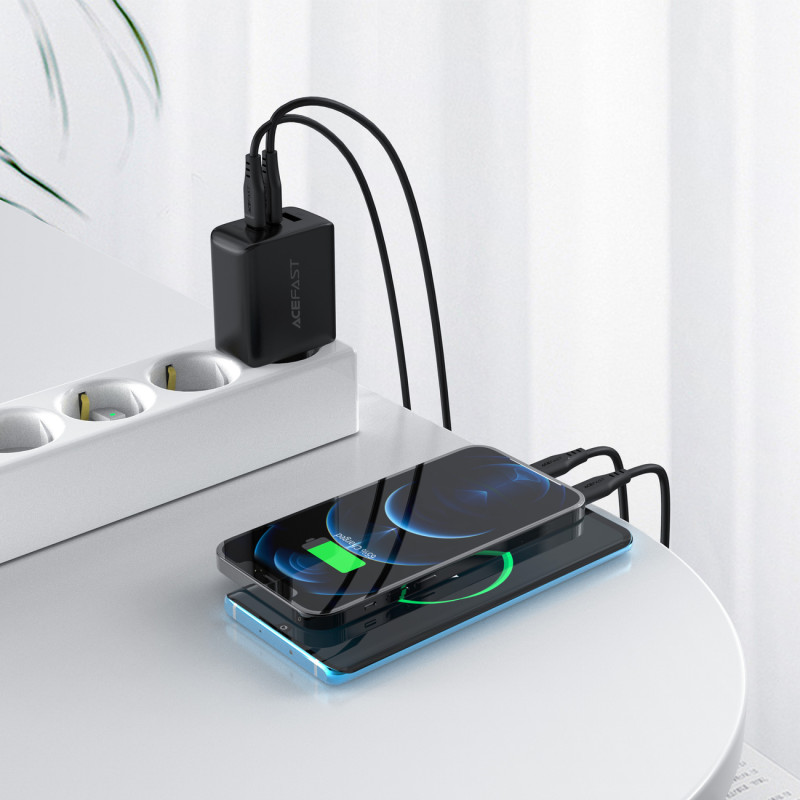 2in1 Sieninis įkroviklis 2x USB-C USB 65W + juodas USB-C laidas