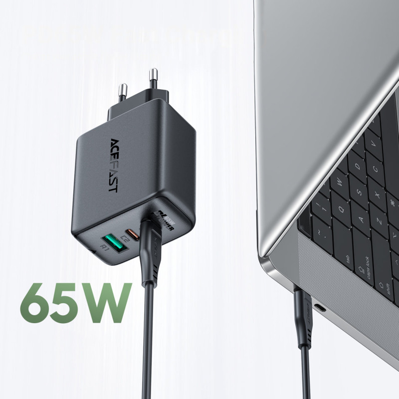 2in1 Sieninis įkroviklis 2x USB-C USB 65W + juodas USB-C laidas
