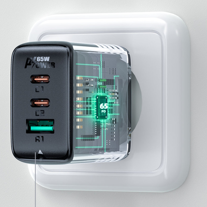 2in1 Sieninis įkroviklis 2x USB-C USB 65W + juodas USB-C laidas