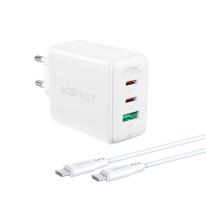 
2in1 Sieninis įkroviklis 2x USB-C USB 65W + baltas USB-C laidas
