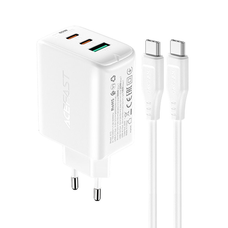 2in1 Sieninis įkroviklis 2x USB-C USB 65W + baltas USB-C laidas