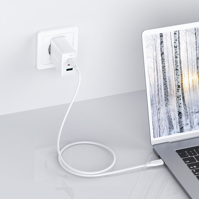 2in1 Sieninis įkroviklis 2x USB-C USB 65W + baltas USB-C laidas