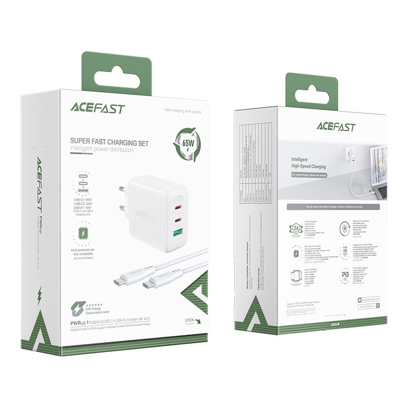 2in1 Sieninis įkroviklis 2x USB-C USB 65W + baltas USB-C laidas