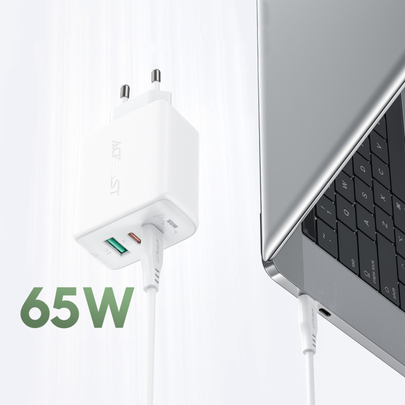 2in1 Sieninis įkroviklis 2x USB-C USB 65W + baltas USB-C laidas