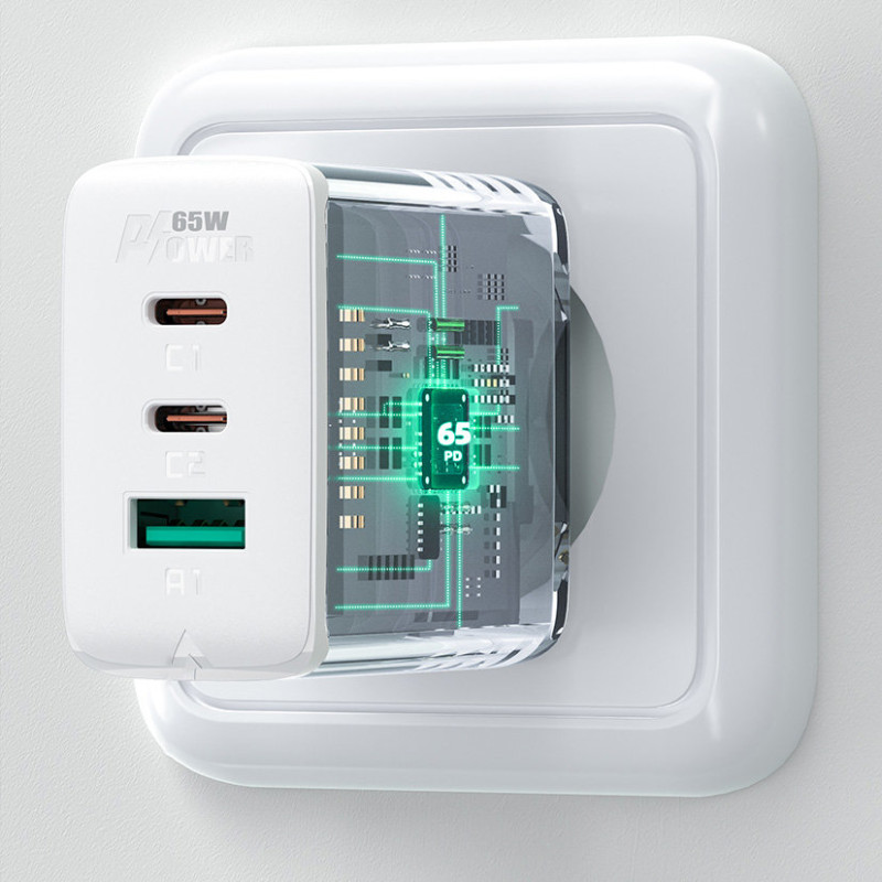 2in1 Sieninis įkroviklis 2x USB-C USB 65W + baltas USB-C laidas